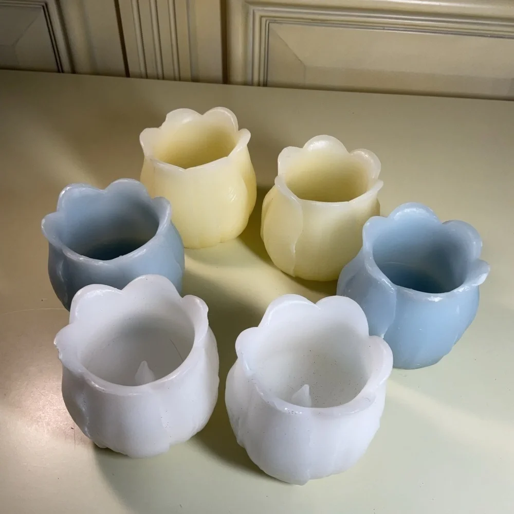Set of 6 Tulip Flameless LED Tea Light Candles Pastel Blue White Yellow Spring